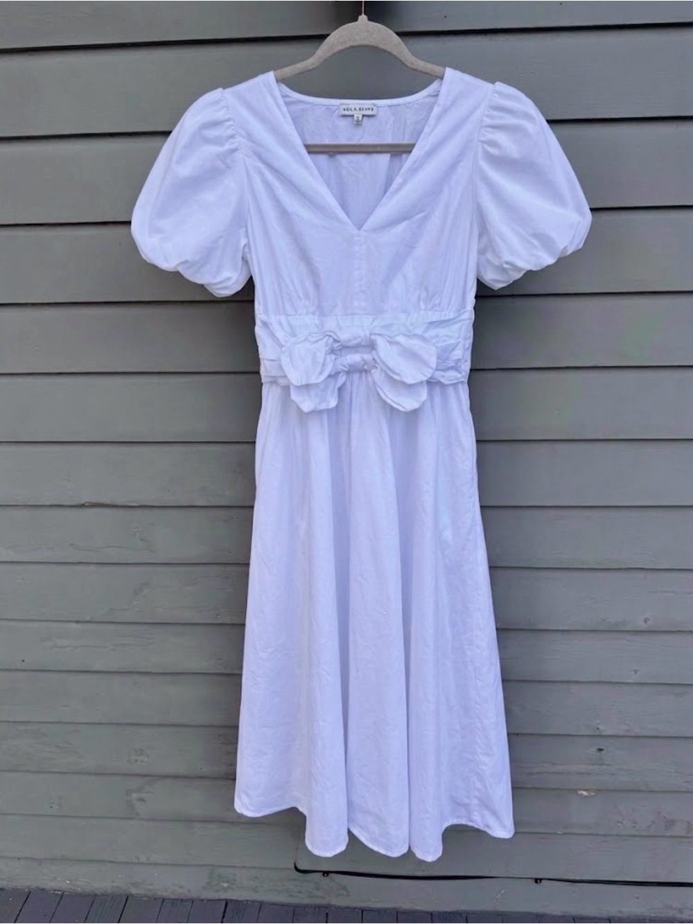 White Puff-Sleeve Women’s Dress with Waist Bow